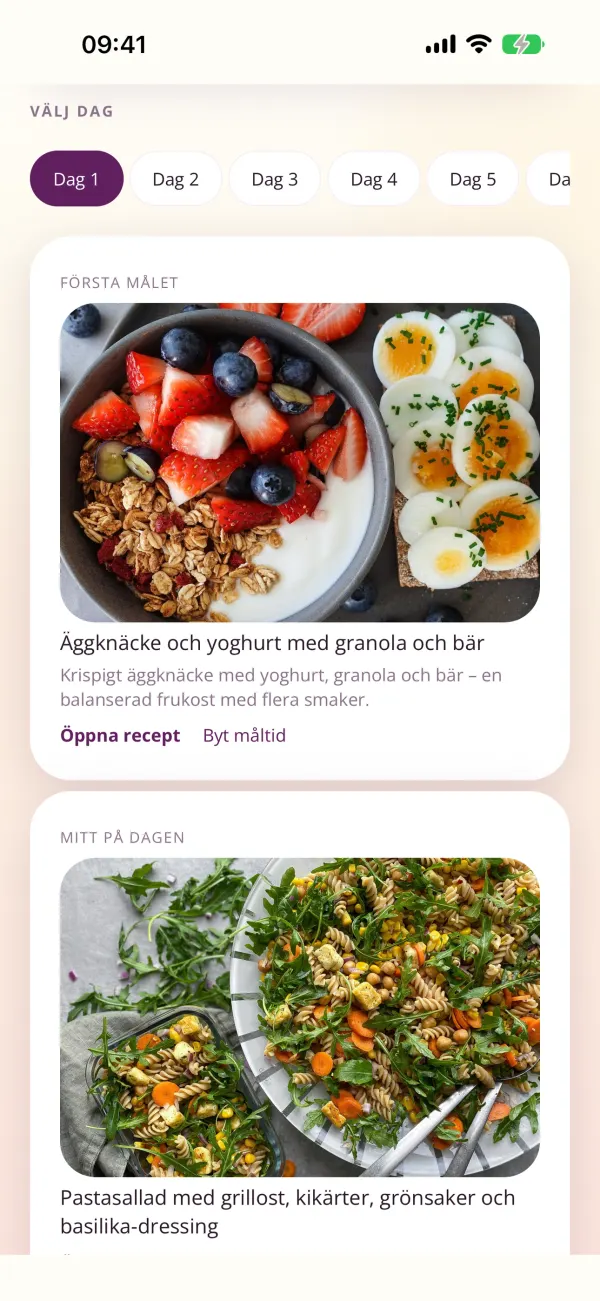 Kostupplägg och recept i Ella-appen